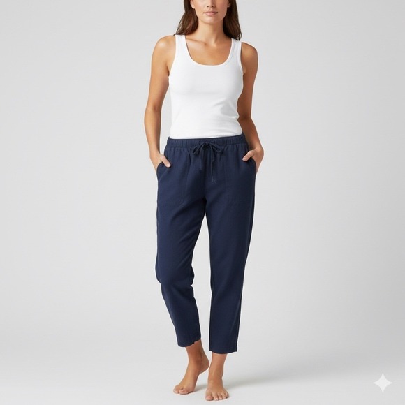 Needle & Cloth Pants - Needle & Cloth Linen Blend Drawstring Waist Cropped Pants Navy Size L Coastal